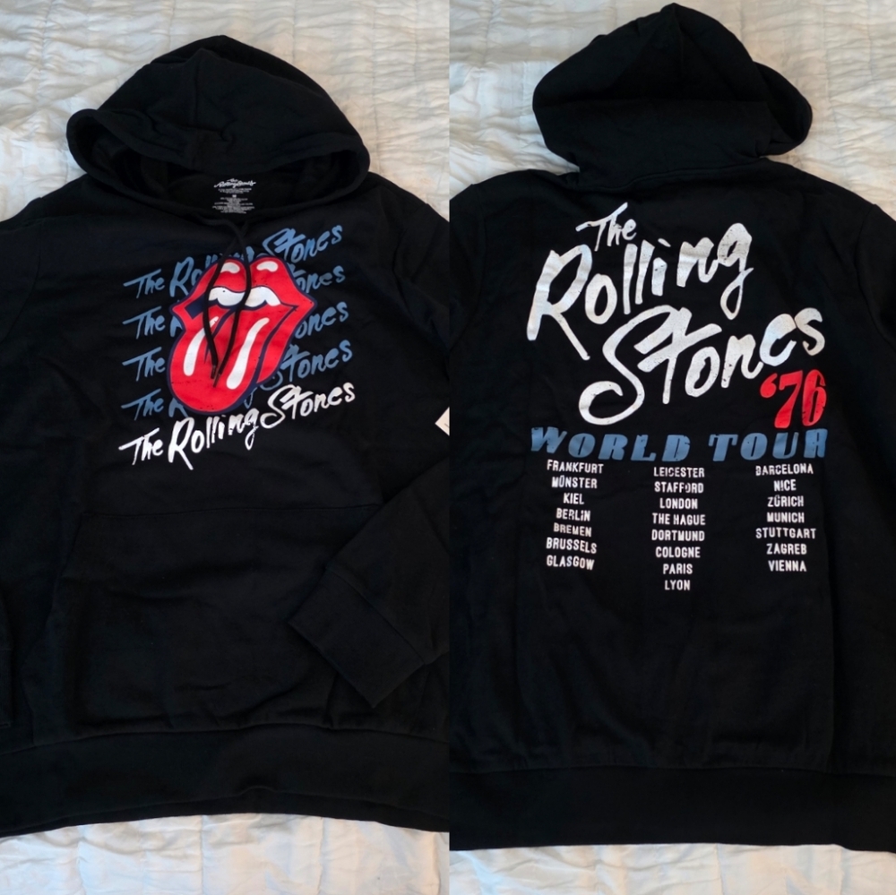 The Rolling Stones 76' World Tour Black Hoodie Sweatshirt Mens NWT Rock Grunge
